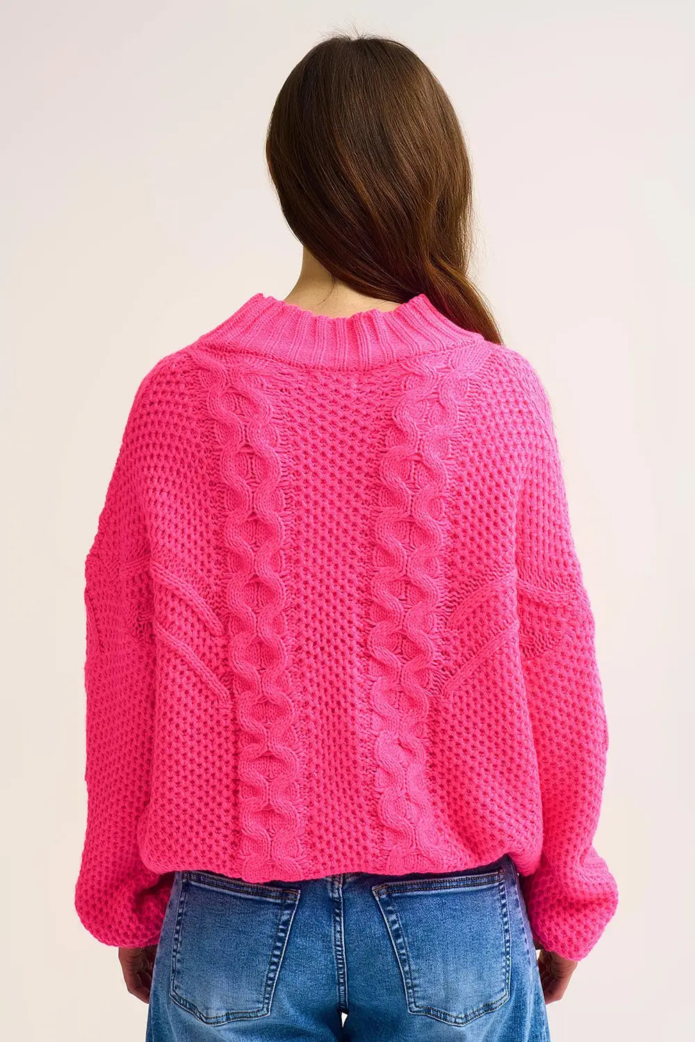 Chunky Cable Knit fucshia Pullover with Dropped Shoulder - One Size / Fuchsia - Sweaters