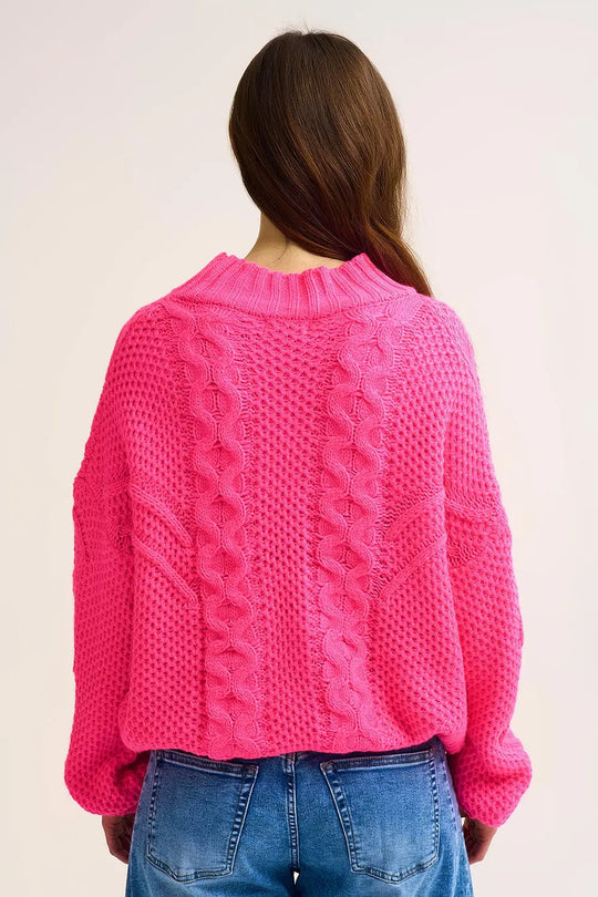 Chunky Cable Knit fucshia Pullover with Dropped Shoulder - One Size / Fuchsia - Sweaters