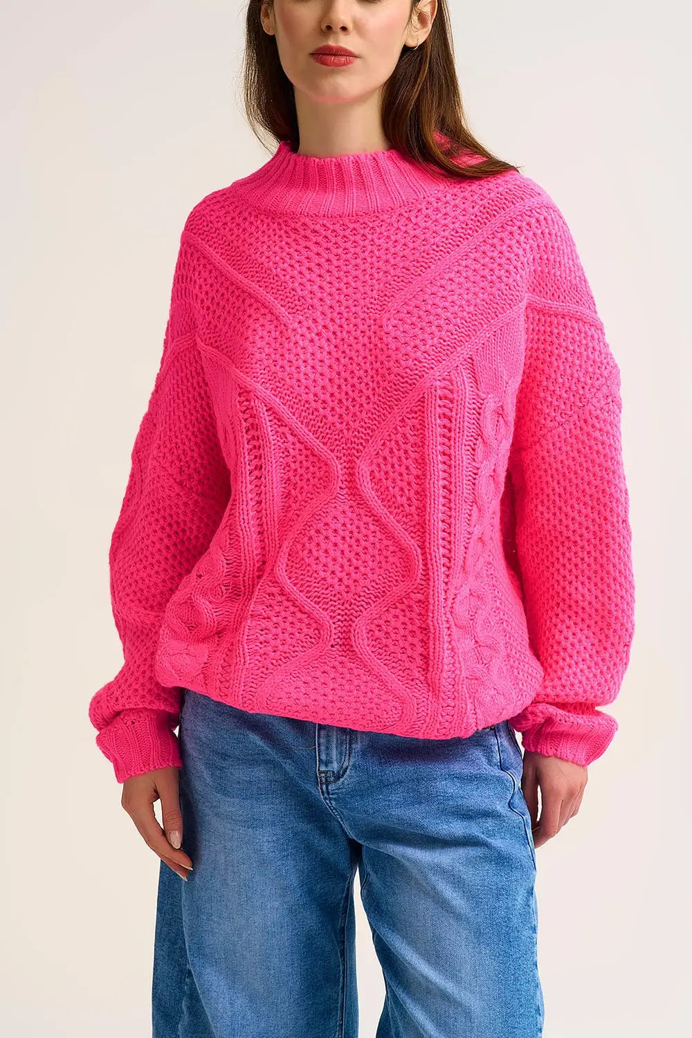Chunky Cable Knit fucshia Pullover with Dropped Shoulder - One Size / Fuchsia - Sweaters