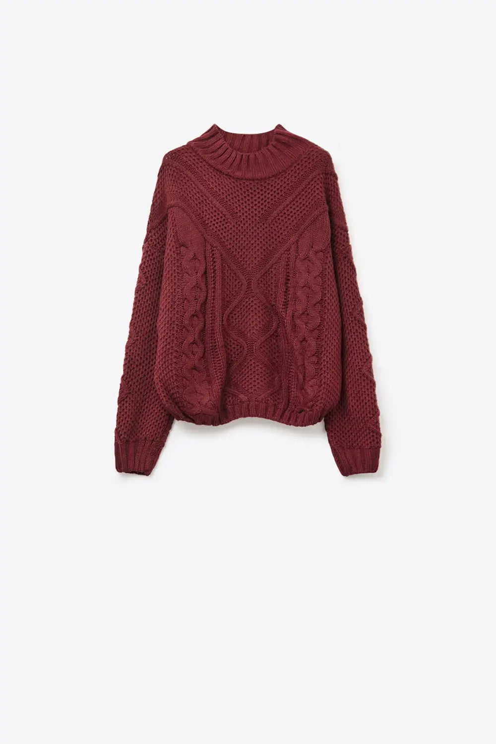 Chunky Cable Knit Maroon Pullover with Dropped Shoulder - One Size / Red - Sweaters