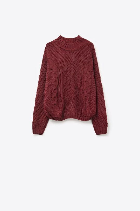 Chunky Cable Knit Maroon Pullover with Dropped Shoulder - One Size / Red - Sweaters
