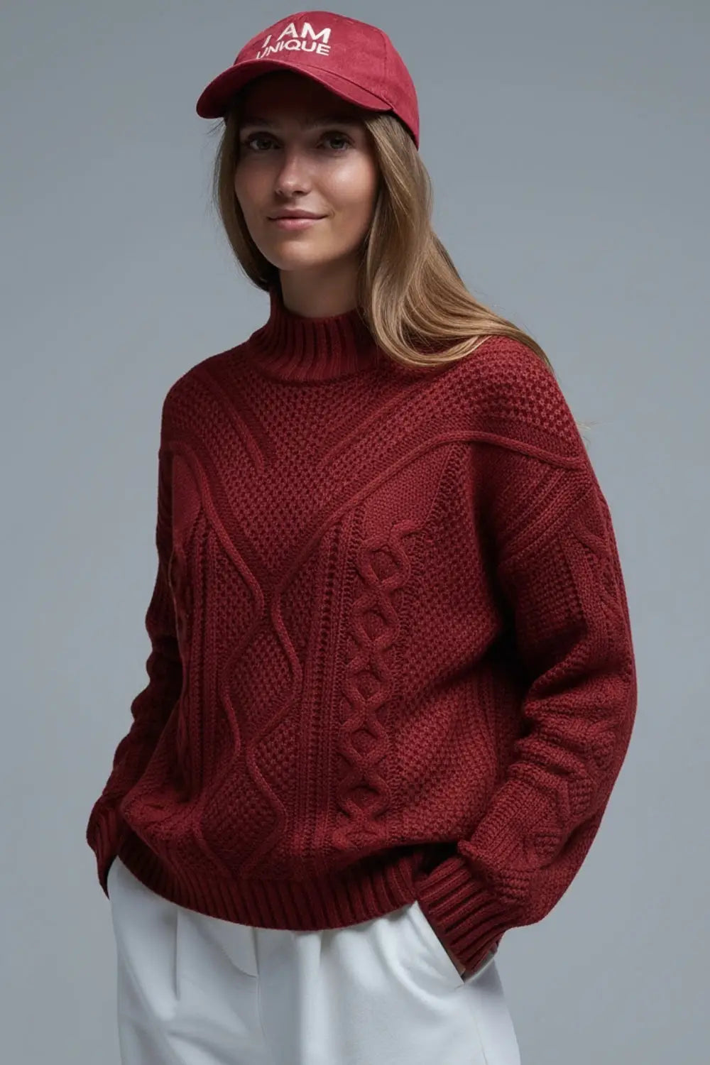 Chunky Cable Knit Maroon Pullover with Dropped Shoulder - One Size / Red - Sweaters
