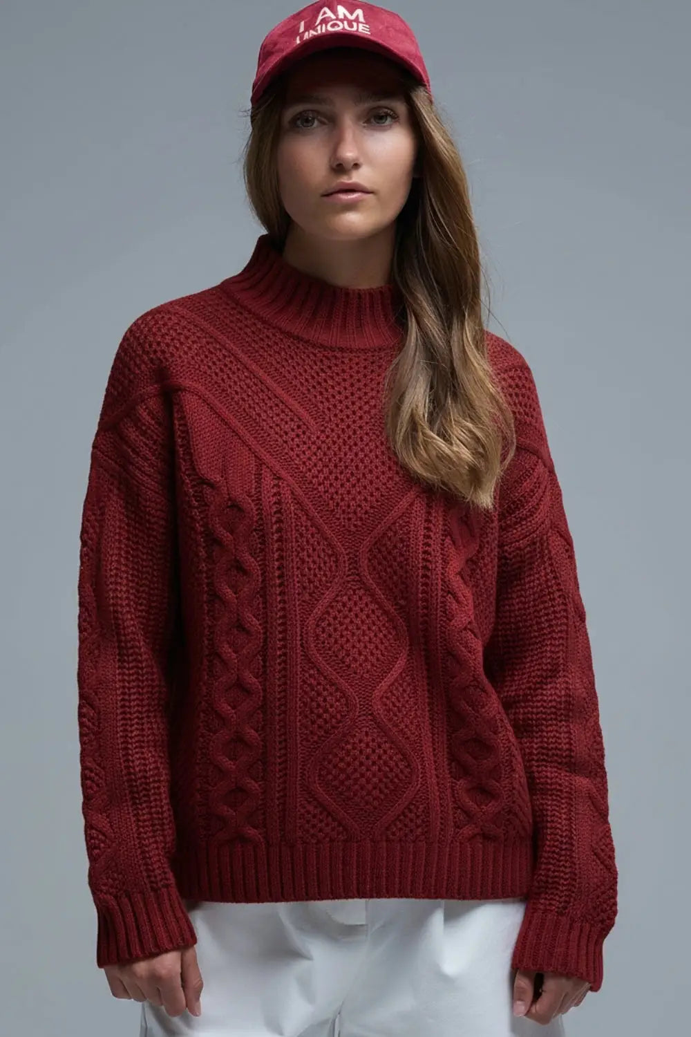Q2 Chunky Cable Knit Maroon Pullover with Dropped Shoulder