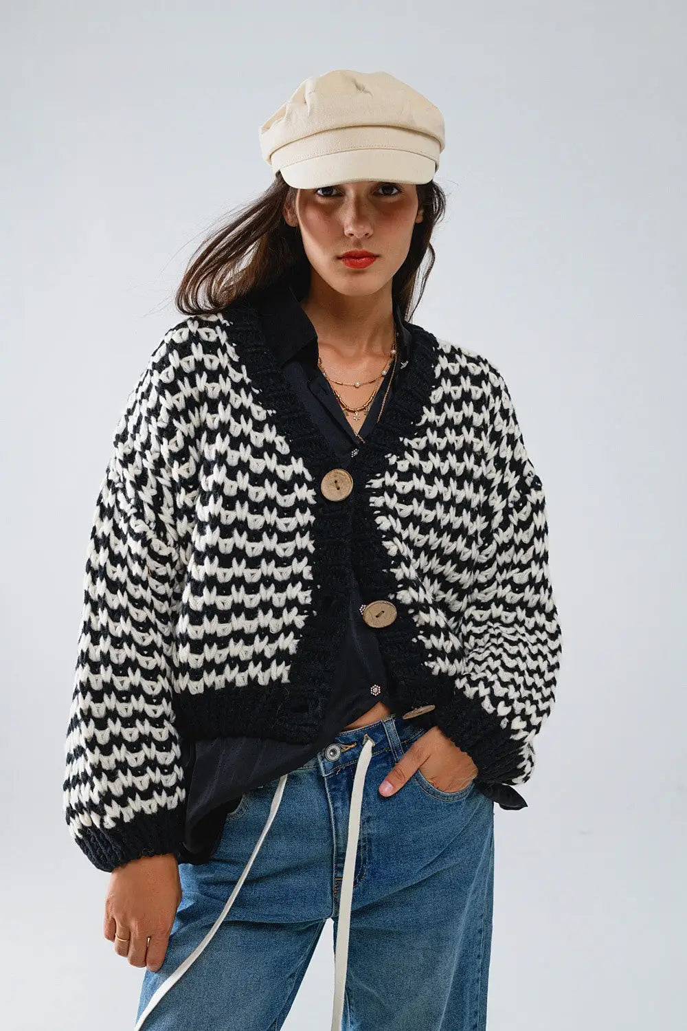 Chunky Checkered Cardigan With Big Wooden Buttons in Black and White - One Size / Black - Coats and Jackets