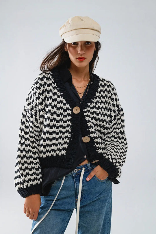 Chunky Checkered Cardigan With Big Wooden Buttons in Black and White - One Size / Black - Coats and Jackets