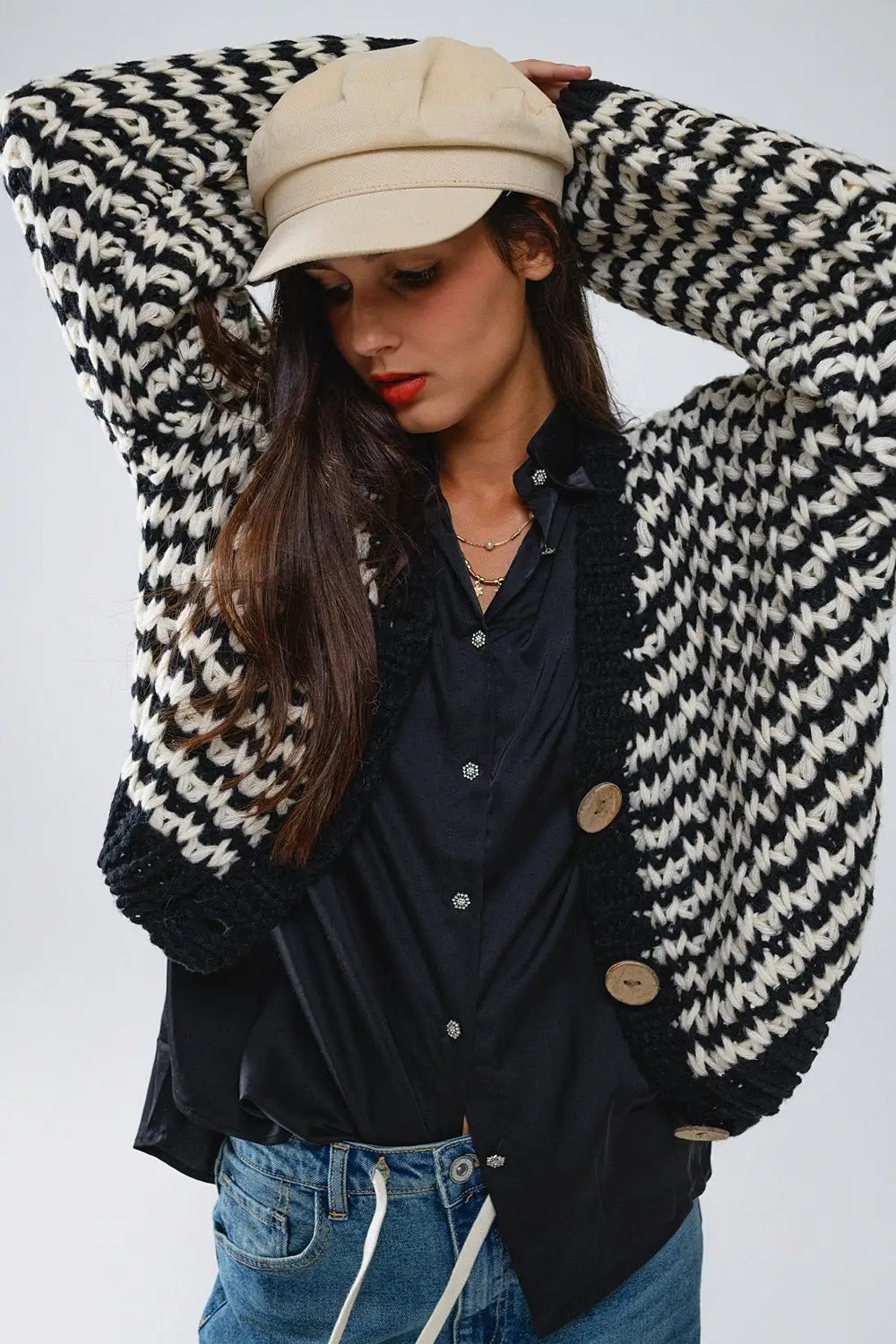 Chunky Checkered Cardigan With Big Wooden Buttons in Black and White - One Size / Black - Coats and Jackets