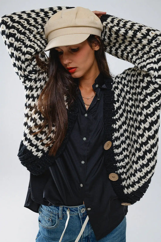 Chunky Checkered Cardigan With Big Wooden Buttons in Black and White - One Size / Black - Coats and Jackets