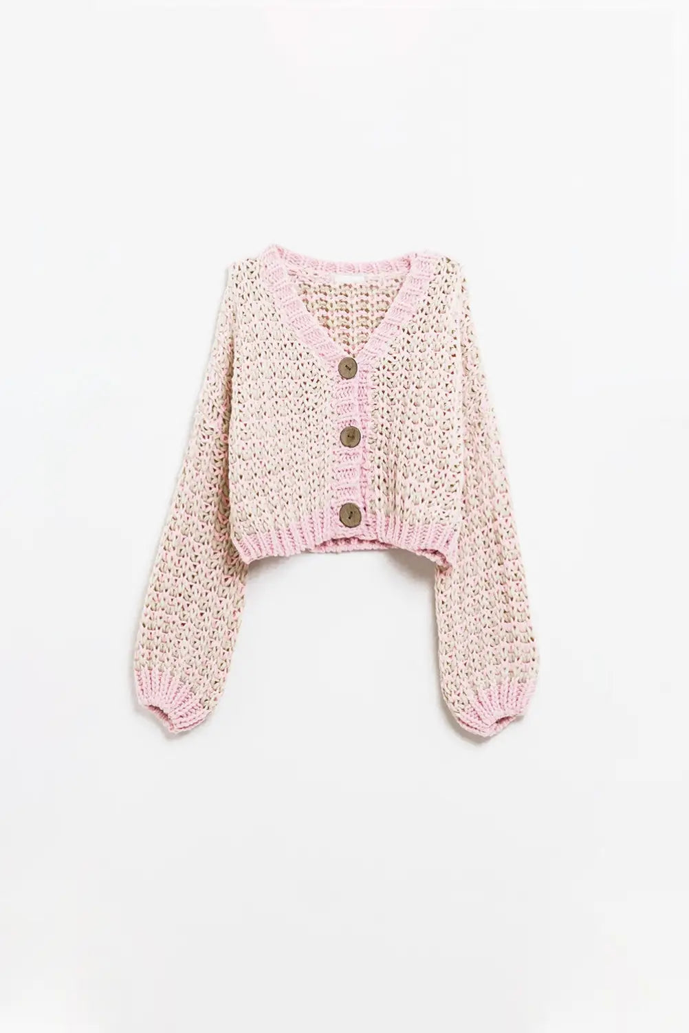Q2 Chunky Checkered Cardigan With Big Wooden Buttons in pink