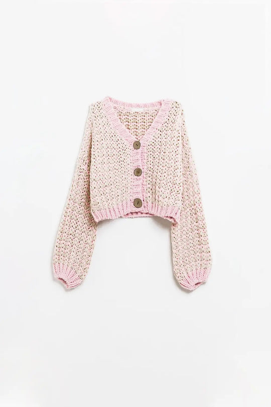 Q2 Chunky Checkered Cardigan With Big Wooden Buttons in pink