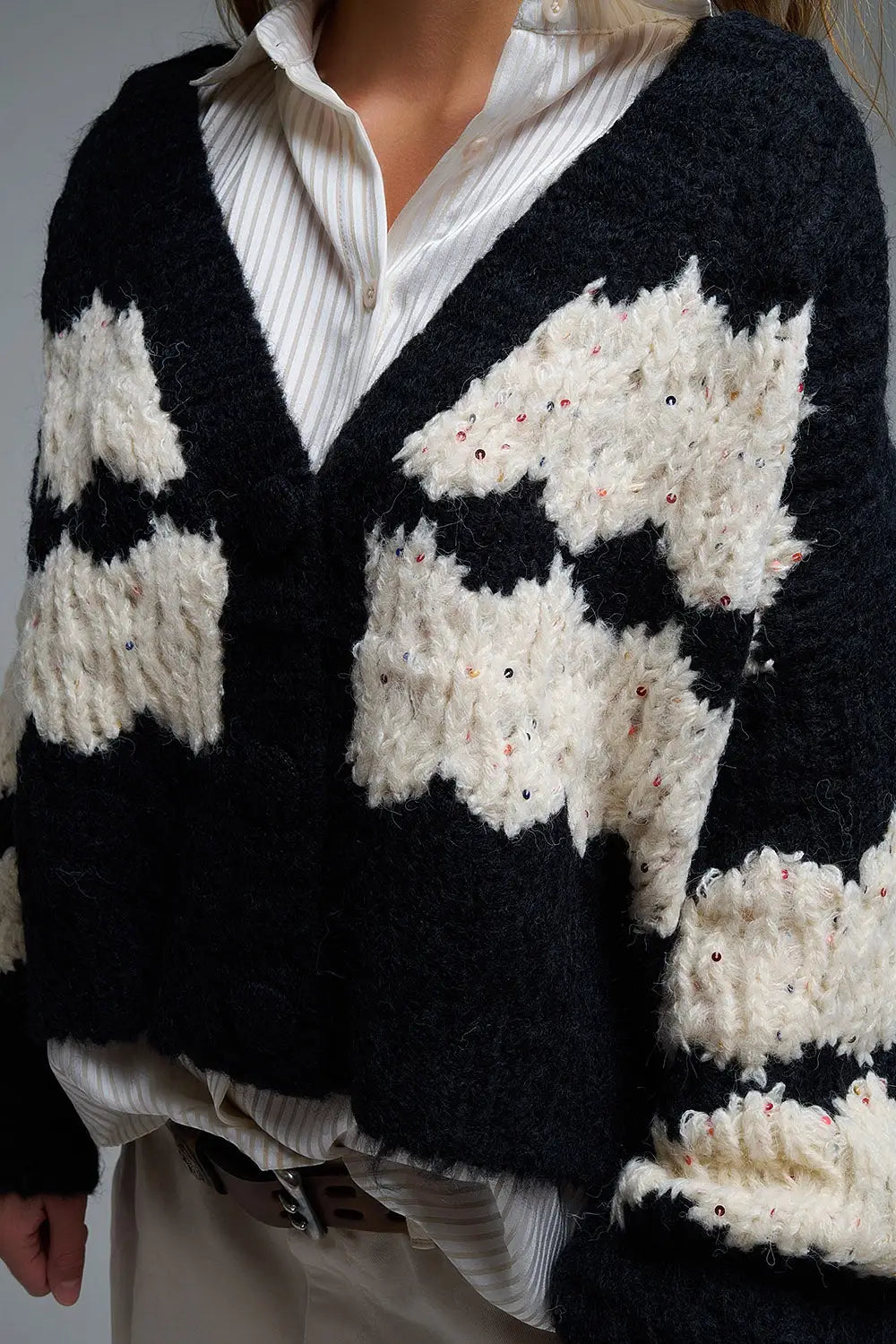 Chunky Knit Striped Cardigan With Sequin Details in Black - One Size / Black - Coats and Jackets