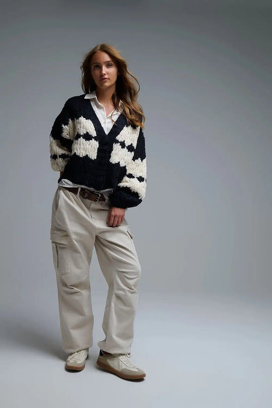 Chunky Knit Striped Cardigan With Sequin Details in Black - One Size / Black - Coats and Jackets