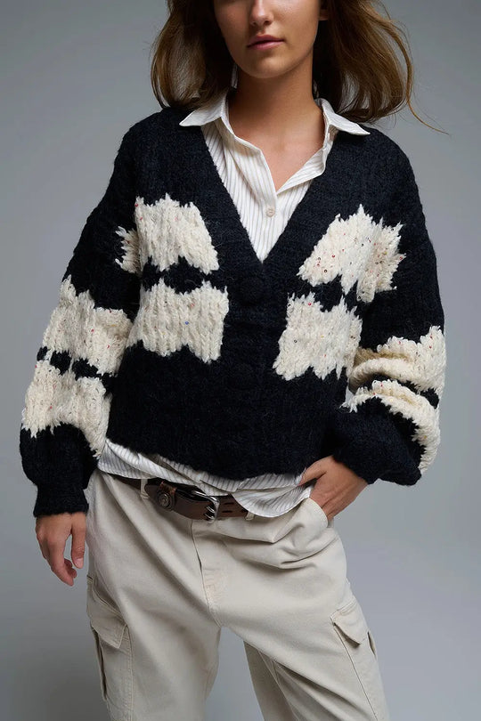 Chunky Knit Striped Cardigan With Sequin Details in Black - One Size / Black - Coats and Jackets