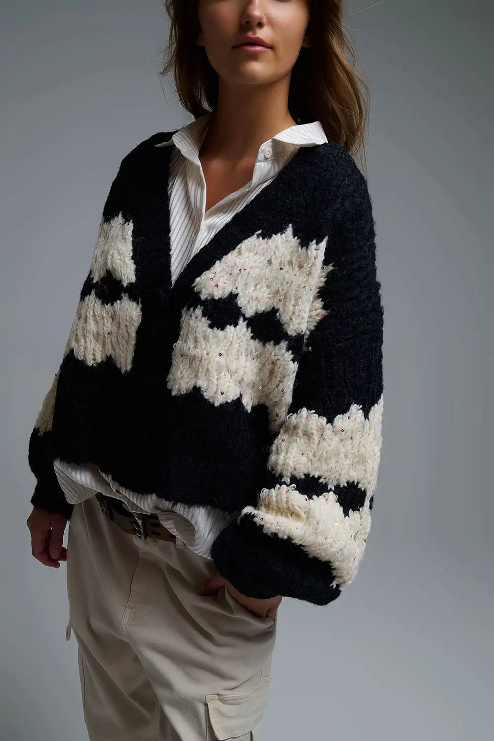 Chunky Knit Striped Cardigan With Sequin Details in Black - One Size / Black - Coats and Jackets