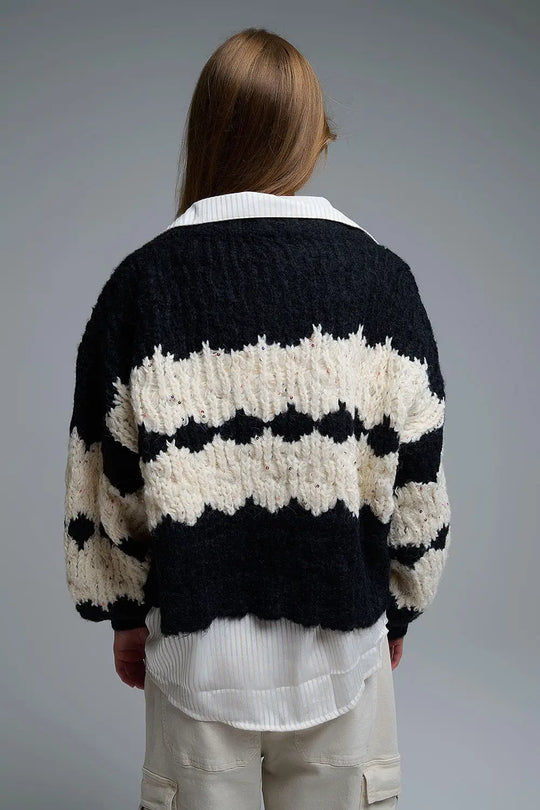 Chunky Knit Striped Cardigan With Sequin Details in Black - One Size / Black - Coats and Jackets
