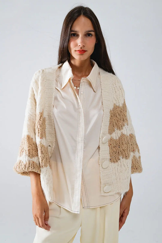 Chunky Knit Striped Cardigan With Sequin Details in Cream - One Size / White - Coats and Jackets