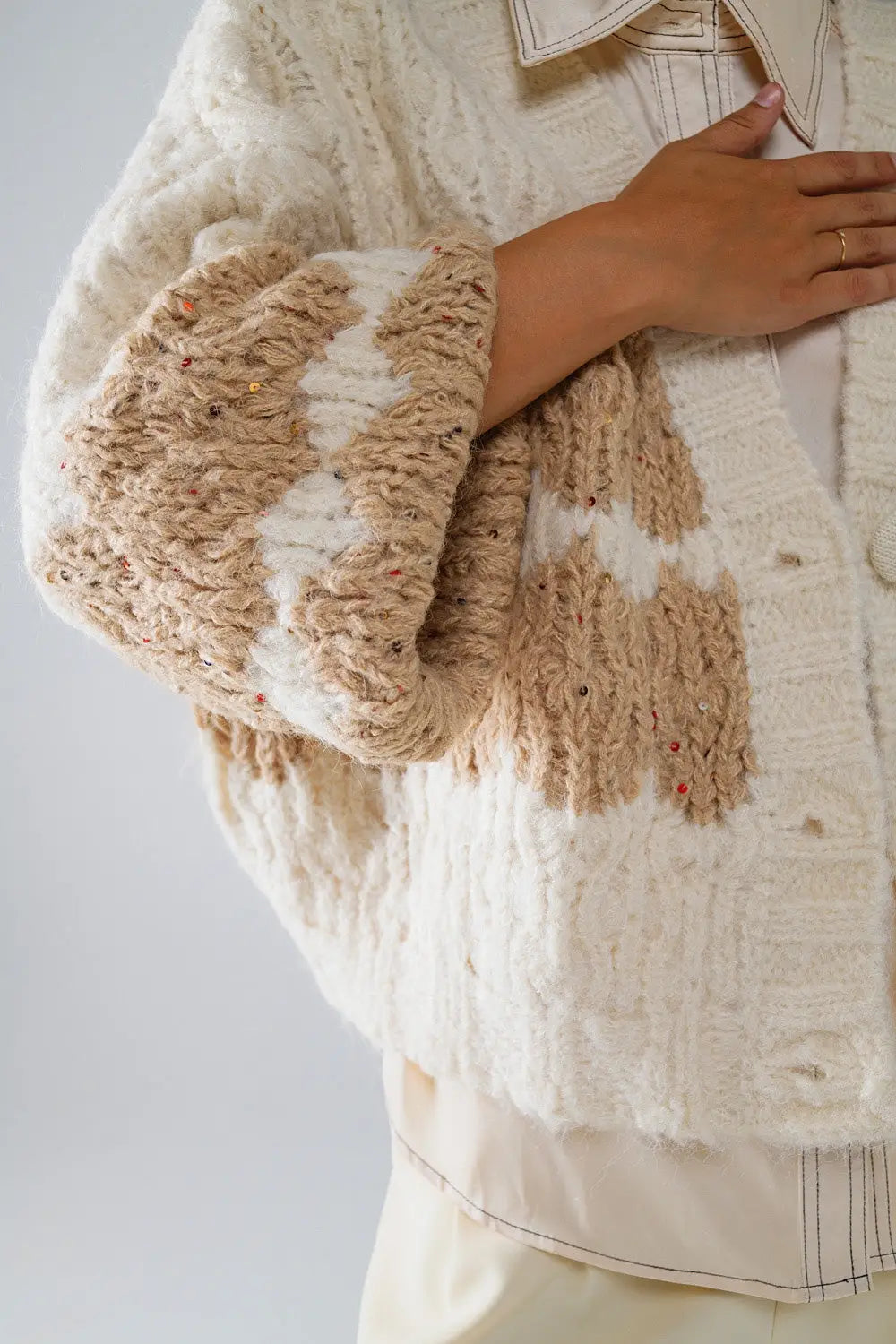 Chunky Knit Striped Cardigan With Sequin Details in Cream - One Size / White - Coats and Jackets