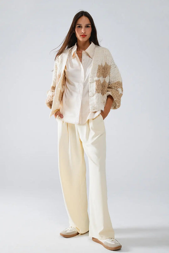 Chunky Knit Striped Cardigan With Sequin Details in Cream - One Size / White - Coats and Jackets