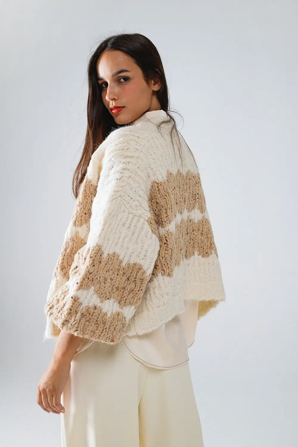Chunky Knit Striped Cardigan With Sequin Details in Cream - One Size / White - Coats and Jackets