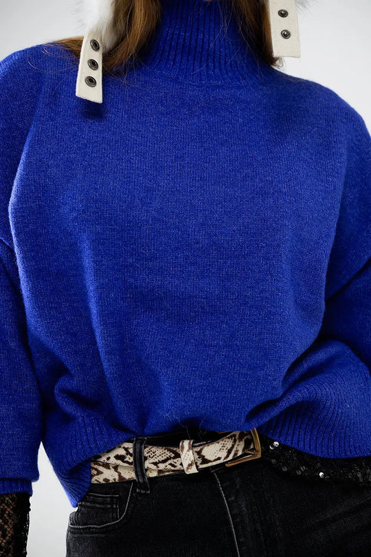 chunky knit sweater in blue with turtleneck - Sweaters