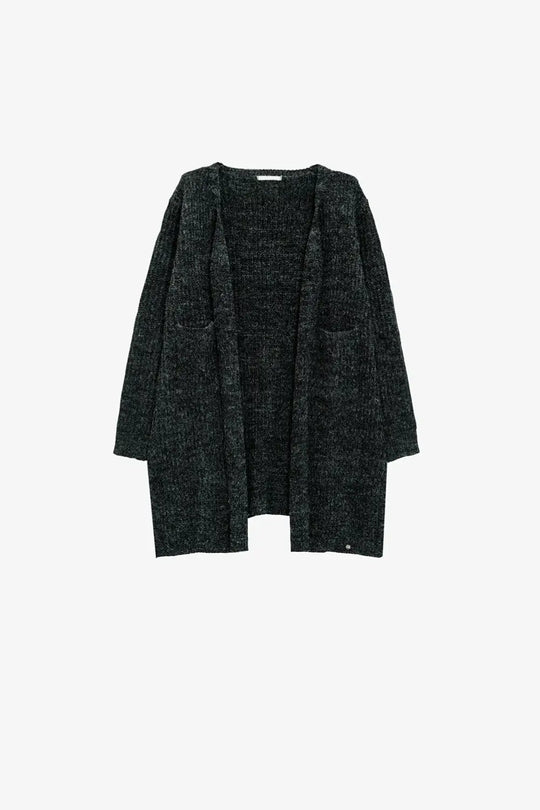 Q2 chunky knitted dark grey cardigan with pocktes