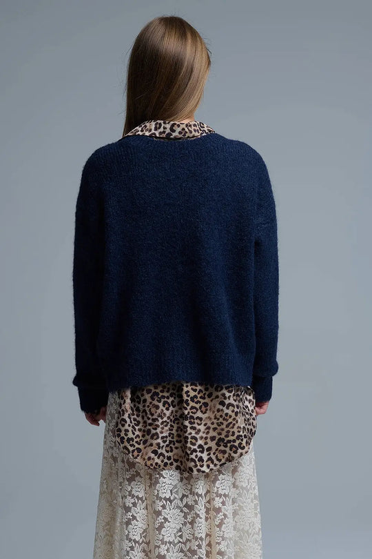 Chunky Navy Knitted Cardigan With Medley of Big Gold Buttons - One Size / Blue - Sweaters