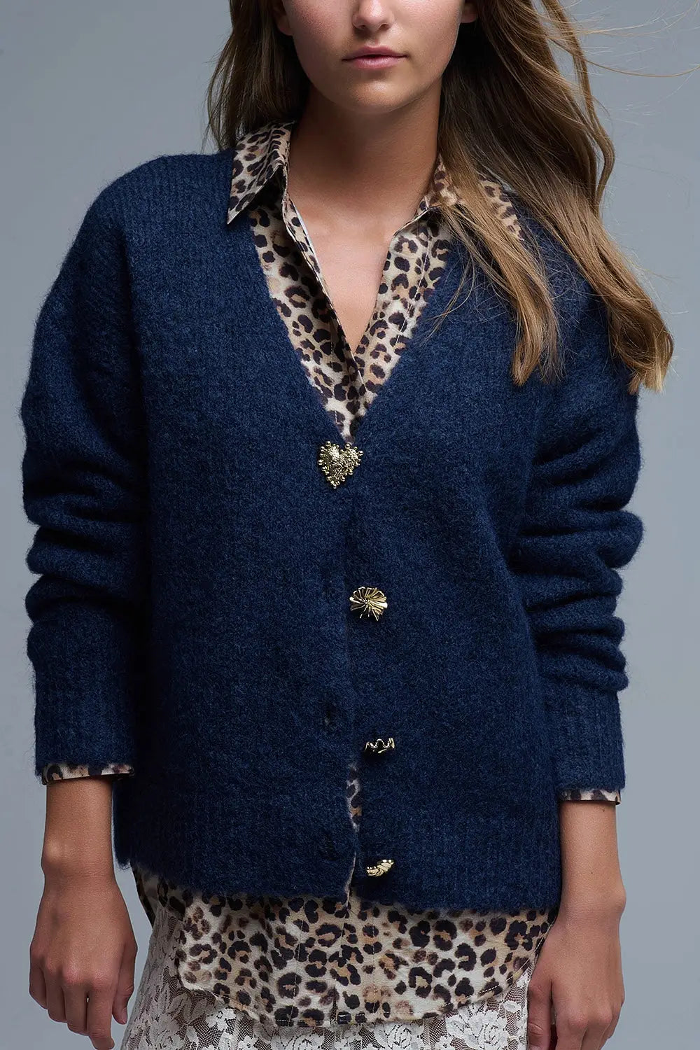 Chunky Navy Knitted Cardigan With Medley of Big Gold Buttons - One Size / Blue - Sweaters