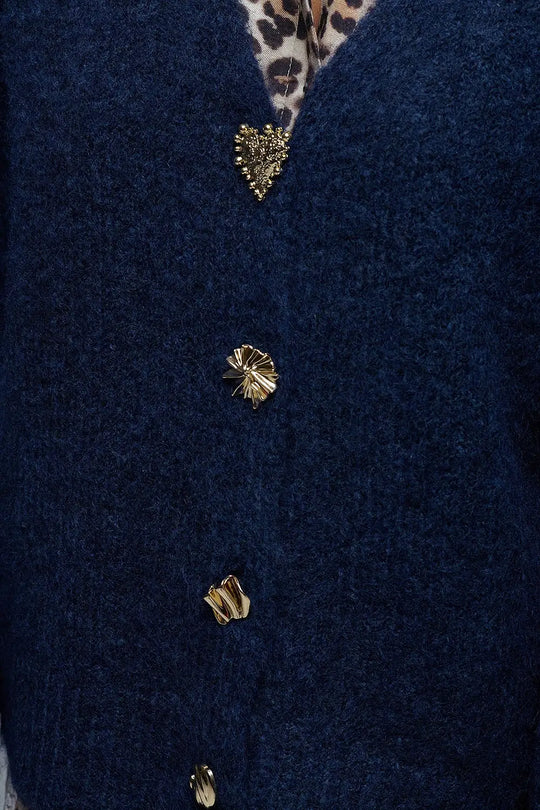 Chunky Navy Knitted Cardigan With Medley of Big Gold Buttons - One Size / Blue - Sweaters