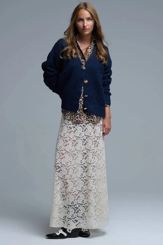 Chunky Navy Knitted Cardigan With Medley of Big Gold Buttons - One Size / Blue - Sweaters