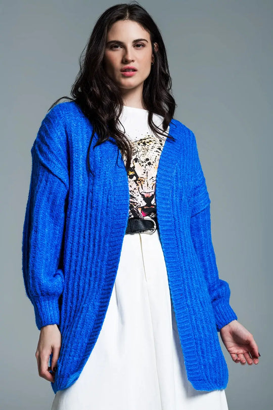Chunky Rib Cardigan With 3/4 Sleeve in Royal Blue - One Size / Blue - Sweaters