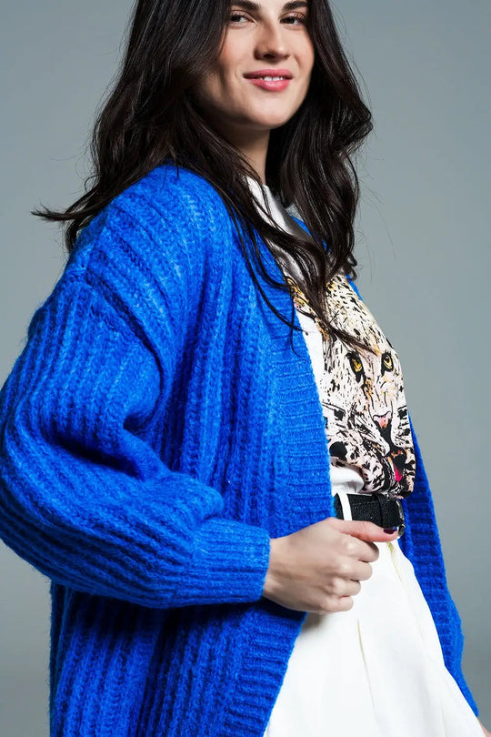 Chunky Rib Cardigan With 3/4 Sleeve in Royal Blue - One Size / Blue - Sweaters
