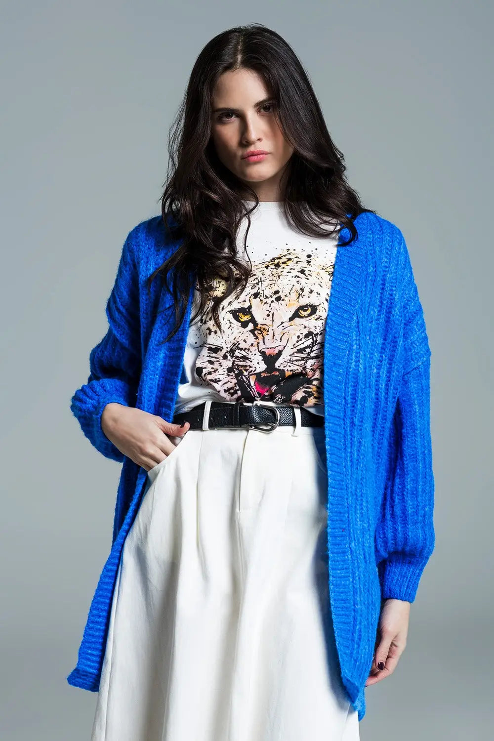 Chunky Rib Cardigan With 3/4 Sleeve in Royal Blue - One Size / Blue - Sweaters