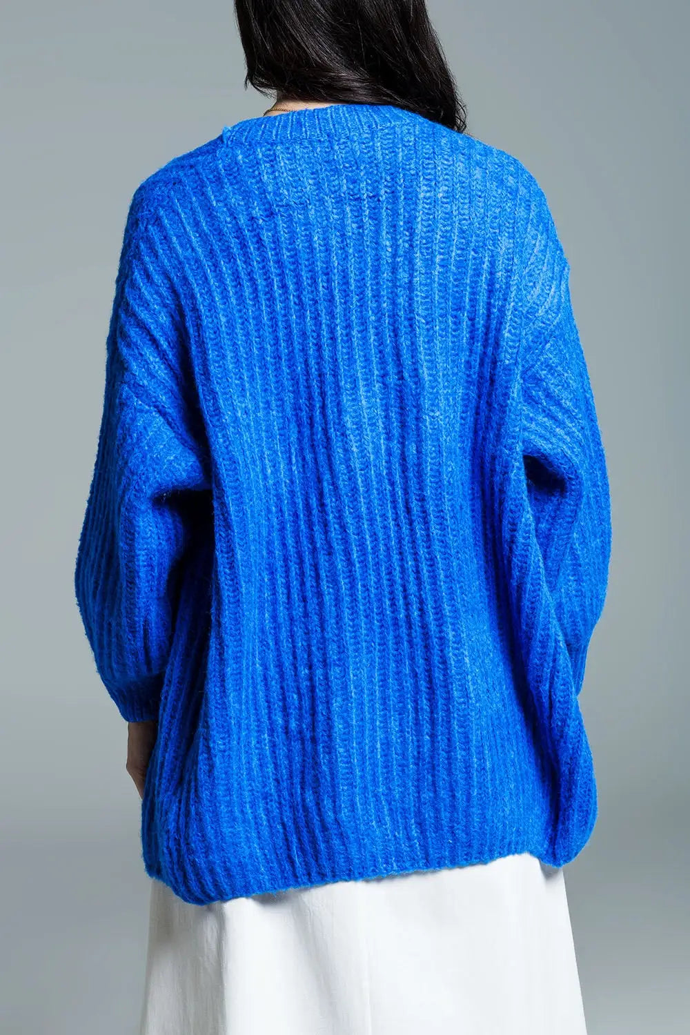 Chunky Rib Cardigan With 3/4 Sleeve in Royal Blue - One Size / Blue - Sweaters