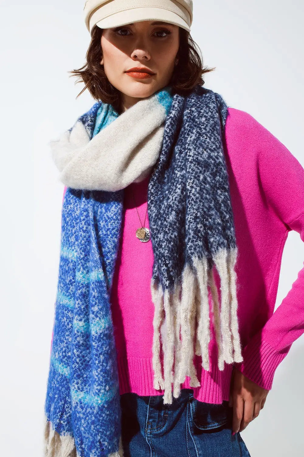 Chunky scarf with stripes in blue - One Size / Blue - Scarves & Hats