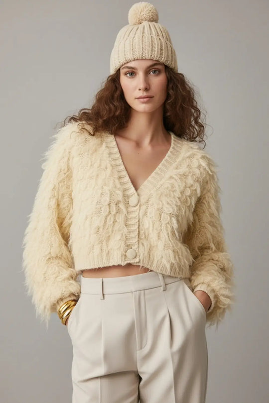 Q2 Chunky Shag Style Fluffy Knitted Cardigan in cream