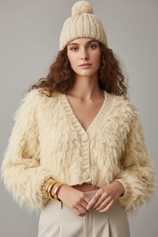 Chunky Shag Style Fluffy Knitted Cardigan in cream - One Size / White - Coats and Jackets