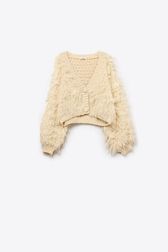 Chunky Shag Style Fluffy Knitted Cardigan in cream - One Size / White - Coats and Jackets