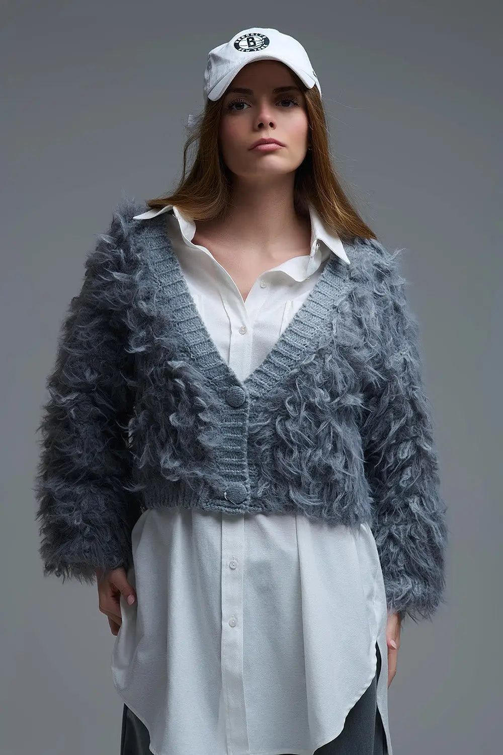 Chunky Shag Style Fluffy Knitted Cardigan in Grey - One Size / Grey - Coats and Jackets