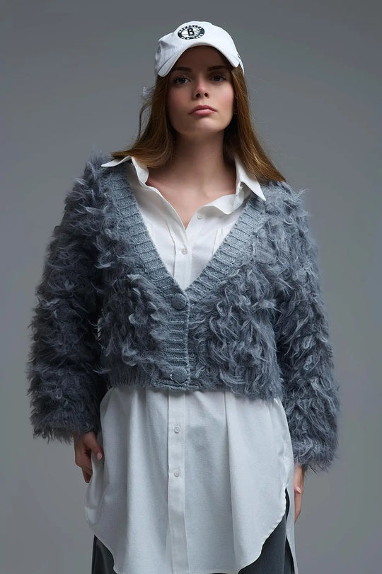 Chunky Shag Style Fluffy Knitted Cardigan in Grey - One Size / Grey - Coats and Jackets