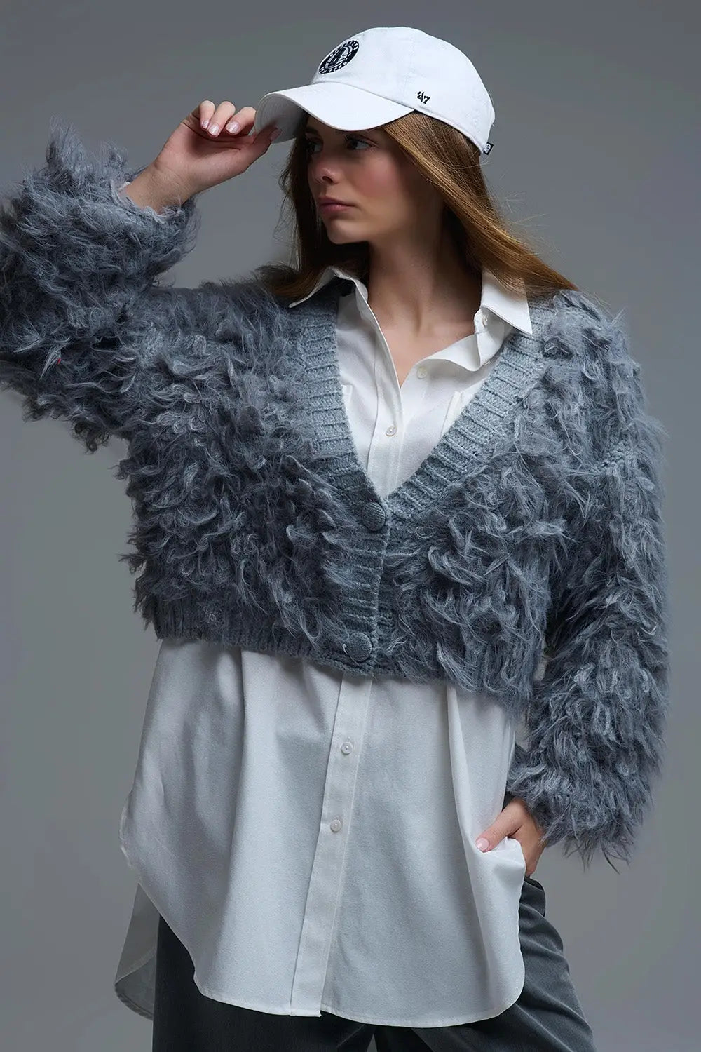 Chunky Shag Style Fluffy Knitted Cardigan in Grey - One Size / Grey - Coats and Jackets