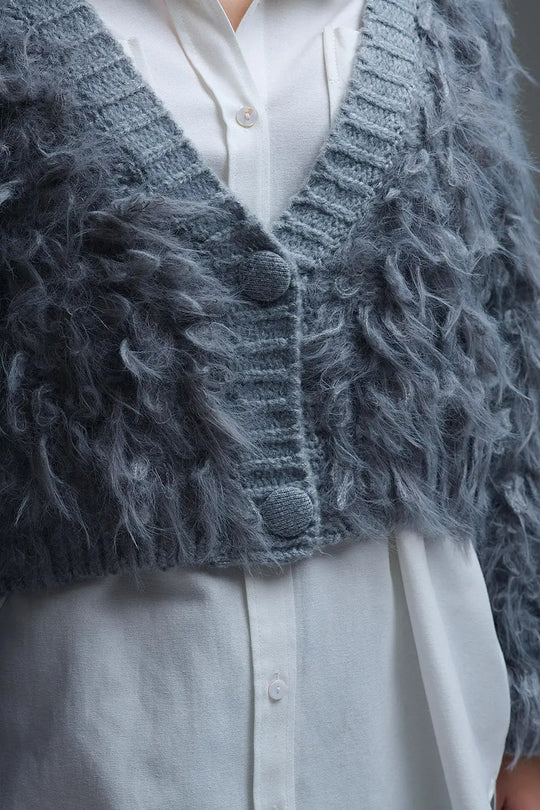 Chunky Shag Style Fluffy Knitted Cardigan in Grey - One Size / Grey - Coats and Jackets