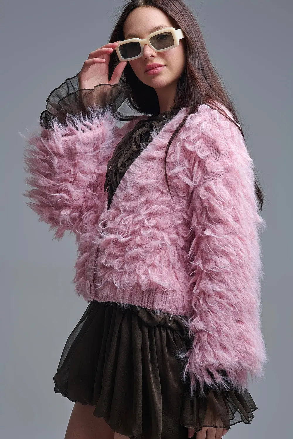 Q2 Chunky Shag Style Fluffy Knitted Cardigan in Pink
