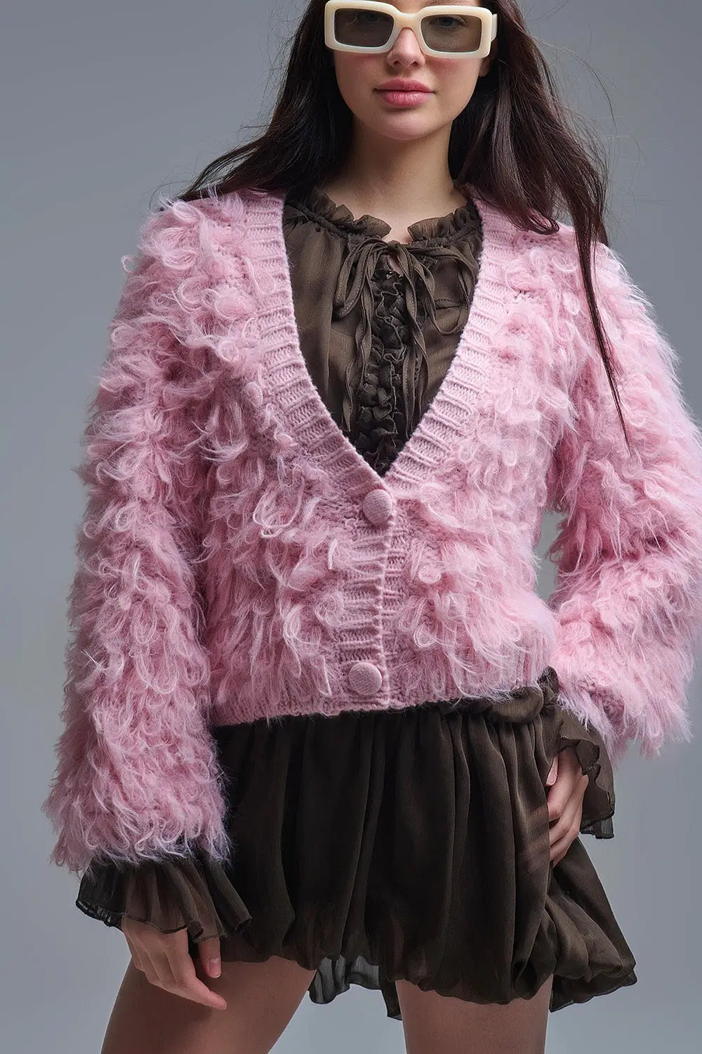 Chunky Shag Style Fluffy Knitted Cardigan in Pink - One Size / Pink - Coats and Jackets
