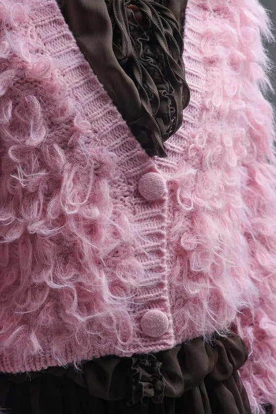 Chunky Shag Style Fluffy Knitted Cardigan in Pink - One Size / Pink - Sweaters