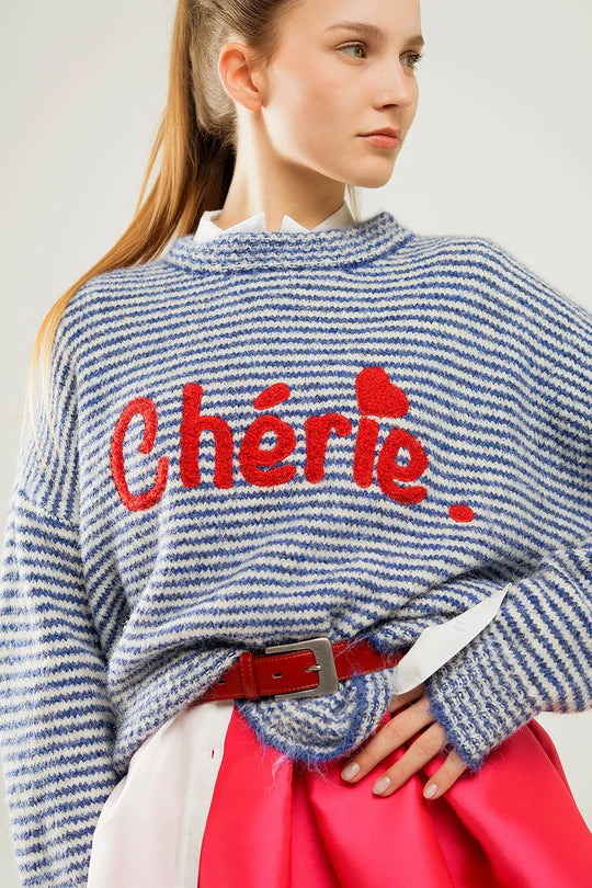 Chunky Stripey relaxed Sweater in blue and White - One Size / Blue - Sweaters