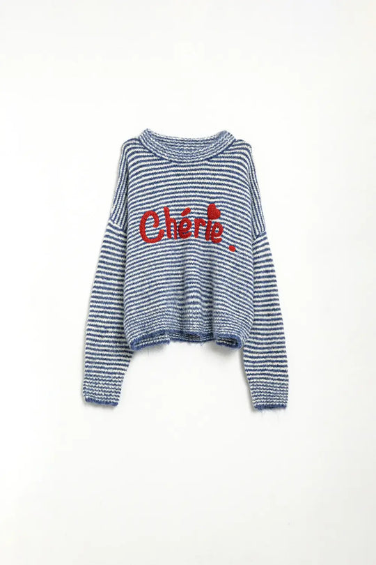 Chunky Stripey relaxed Sweater in blue and White - One Size / Blue - Sweaters
