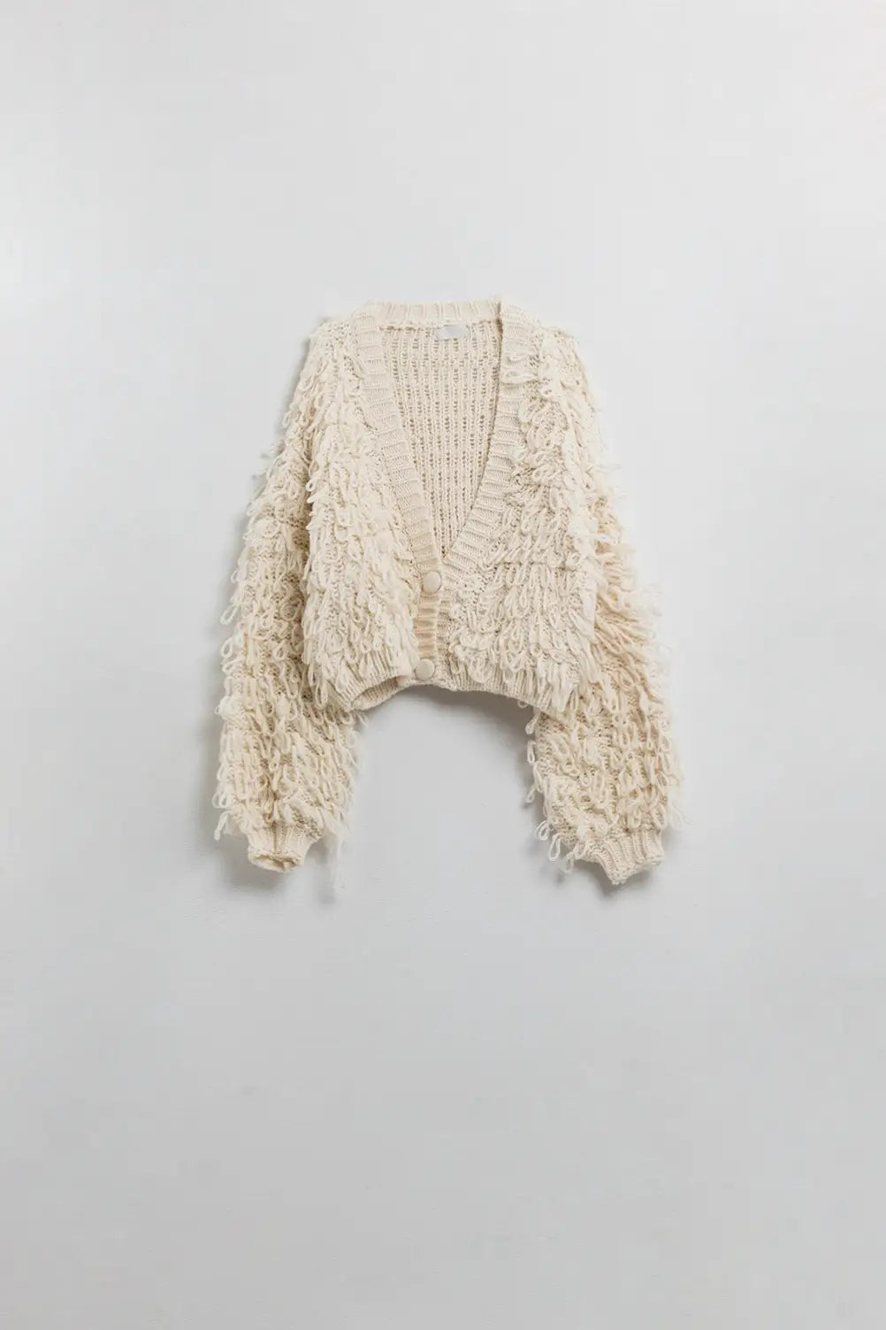 Q2 Chunky Textured Cardigan in cream with Long Fringe