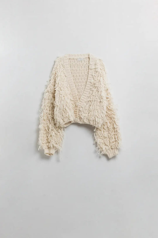 Q2 Chunky Textured Cardigan in cream with Long Fringe
