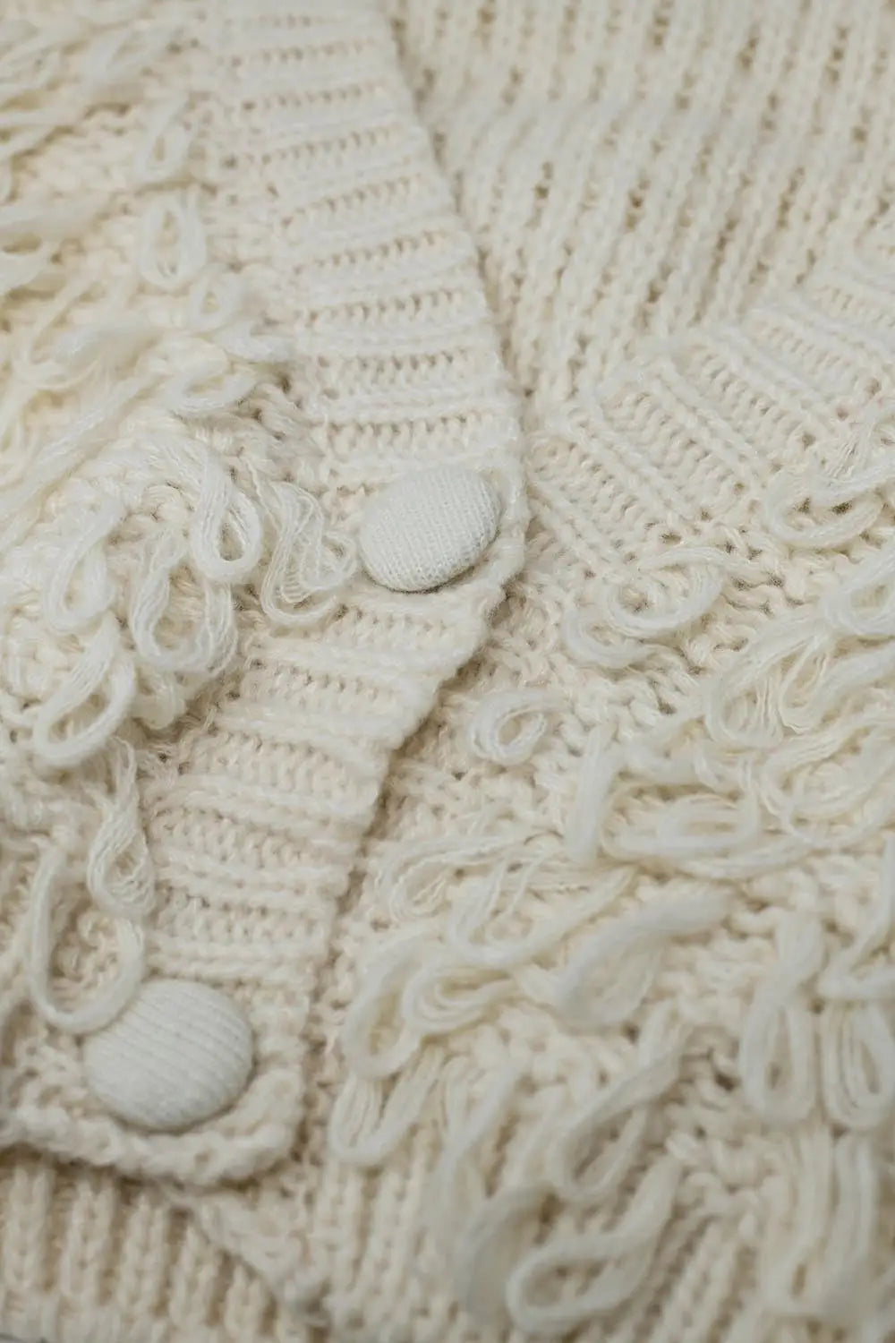 Chunky Textured Cardigan in cream with Long Fringe - One Size / White - Coats and Jackets