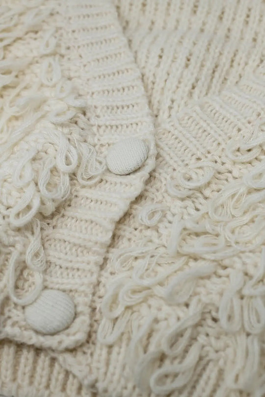 Chunky Textured Cardigan in cream with Long Fringe - One Size / White - Coats and Jackets