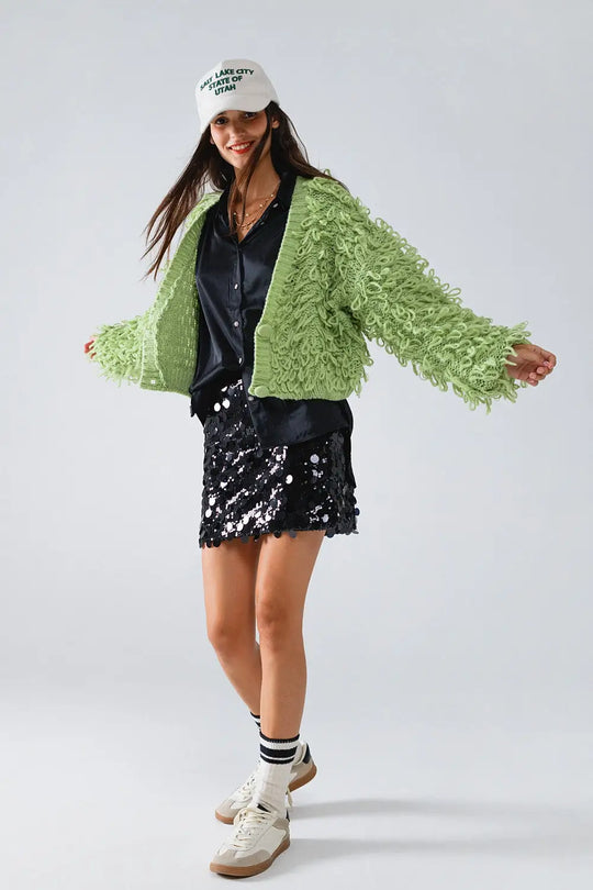 Chunky Textured Cardigan in Green with Long Fringe - One Size / Green - Coats and Jackets